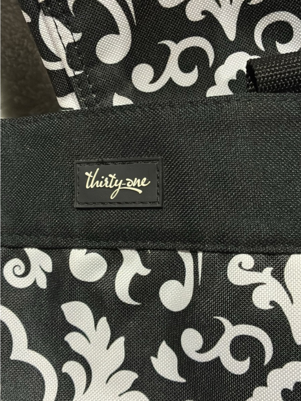Pair of thirty-one Black and White Scroll Print Tote.  Embroidered with a C